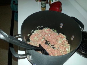 Browning the meat, with garlic and onion
